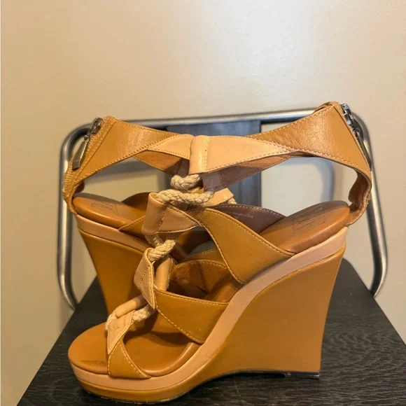 DVF Diane von Furstenberg Camel Leather Rope Wedge Sandals 7M - Picture 7 of 14